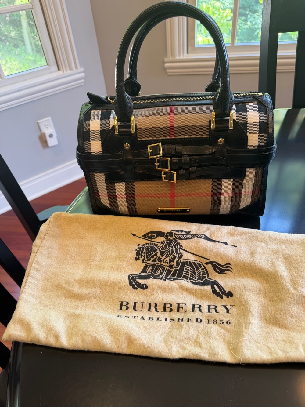 Burberry Beige Check Canvas Bowling Bag with Black Trim and Gold Hardware